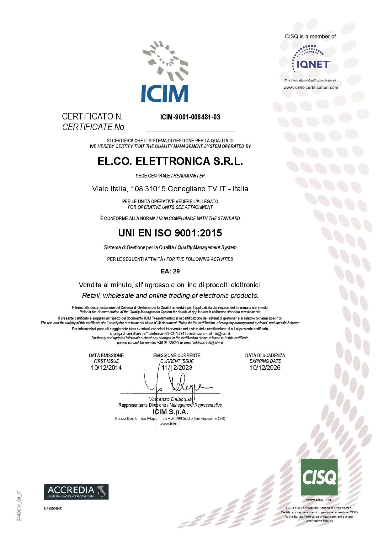 Certificato ISO 9001 ICIM scad. 2023-12-10