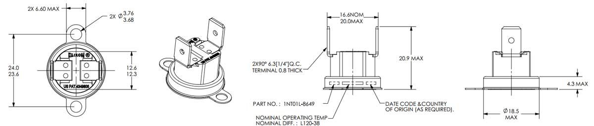 Termostato Klixon 1INT01L dimensioni
