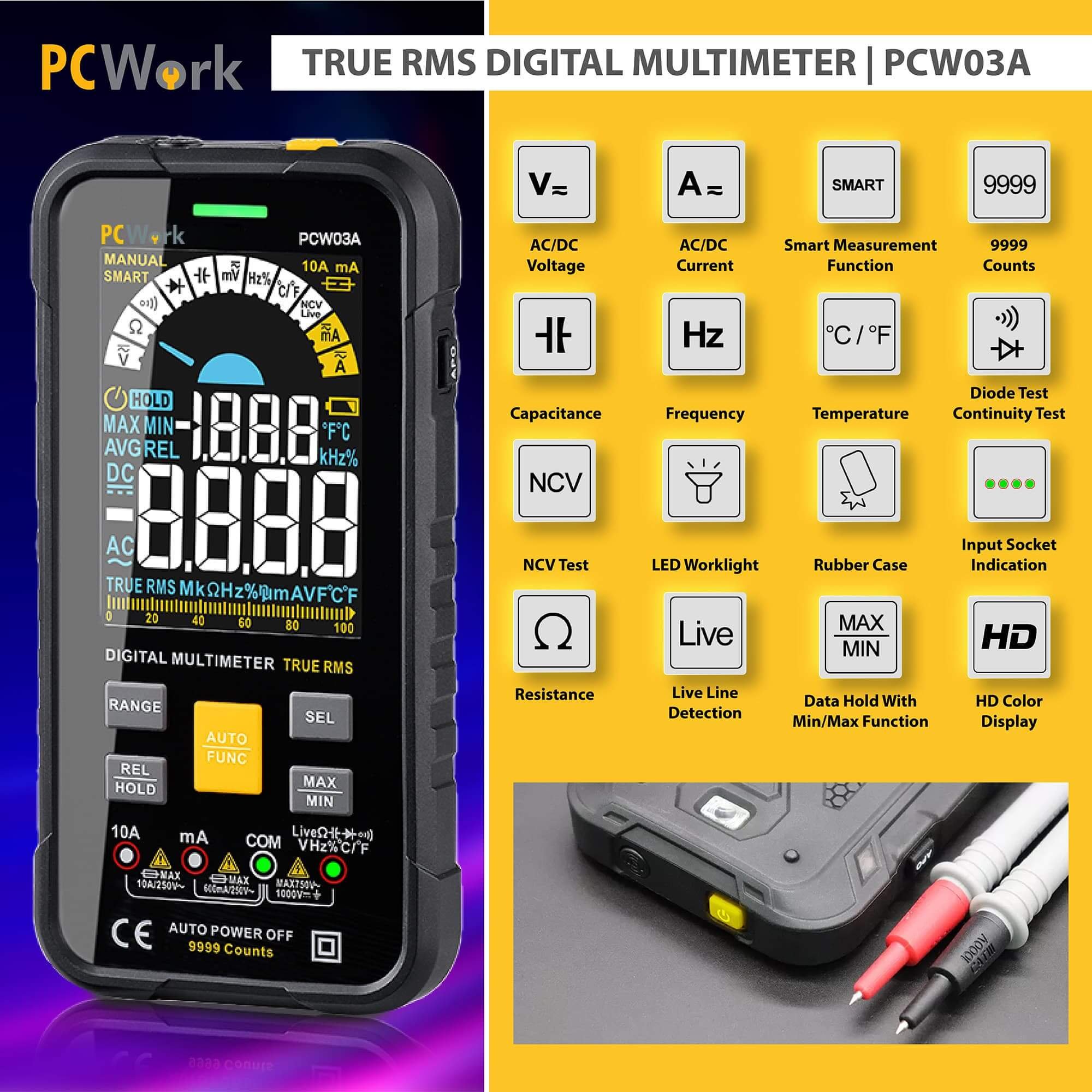 PCWork PCW03A Multimetro digitale TRMS Smart 9999 punti CATIII 600V, NCV, capacità, frequenza, torcia a LED e funzione Termometro