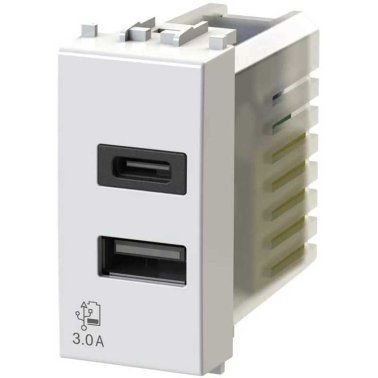 Frutto Alimentatore USB da 3 Ampere con 2 uscite su modulo singolo con prese USB tipo A e tipo C compatibile con Vimar Plana Bianca 4Box 4B.V14.USB.30