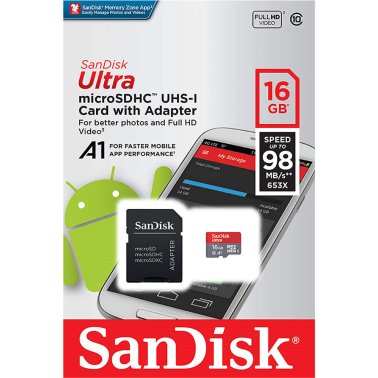 SanDisk SDSQUAR-016G-GN6MA 16GB microSD memory with A1 App Performance adapter, Speed Up to 98MB / Sec, Class 10, U1