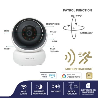 HeyCamPlus | Telecamera Motorizzata da interni | HD 1080p Wi-Fi + AUDIO BIDIREZIONALE | Compatibile Google Assistant e Amazon Alexa