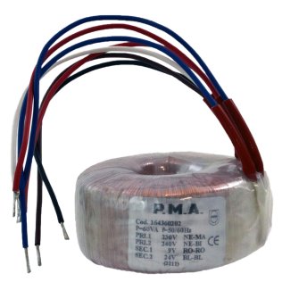Trasformatore Toroidale 60VA Doppio Secondario 9V - 24V - Ingresso 230/240VAC PMA 164360202