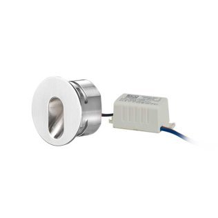 Round 230VAC LED steplight in aluminum for indoor use with a 1W downward-facing LED ARES1070