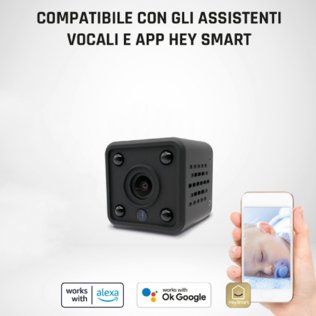 HeyCam Mini | Mini Telecamera da interni | HD 720p Wi-Fi + AUDIO | Compatibile Google Assistant e Amazon Alexa