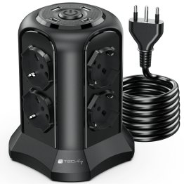 Space-saving 8-way Italian Bipasso / Schuko 2 USB-A and 2 USB-C™ Tabletop Power Strip