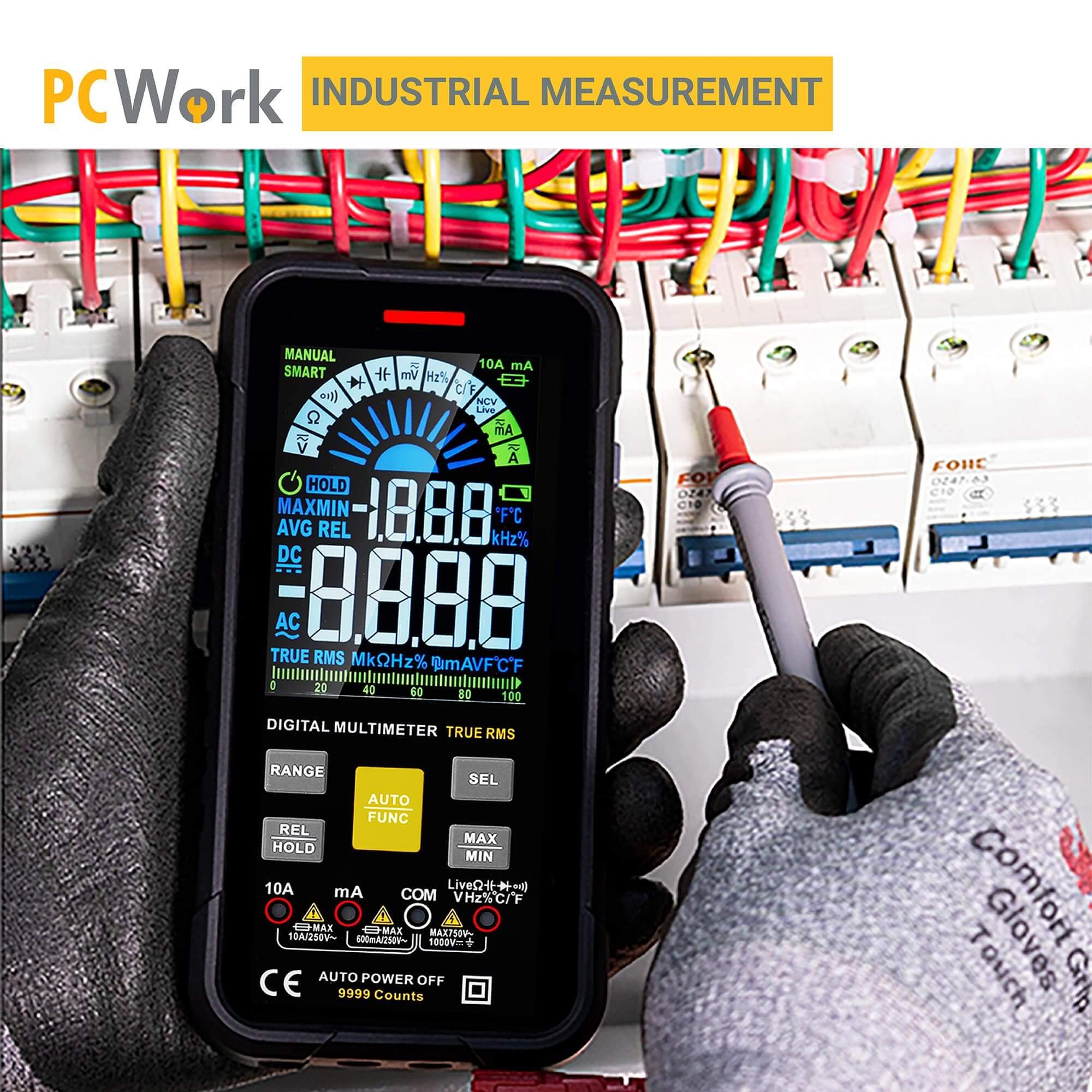PCWork PCW03A Multimetro digitale TRMS Smart 9999 punti CATIII 600V, NCV, capacità, frequenza, torcia a LED e funzione Termometro