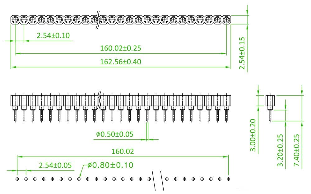 Connettore strip a tulipano con pin torniti 32 poli passo 2,54mm - dimensioni
