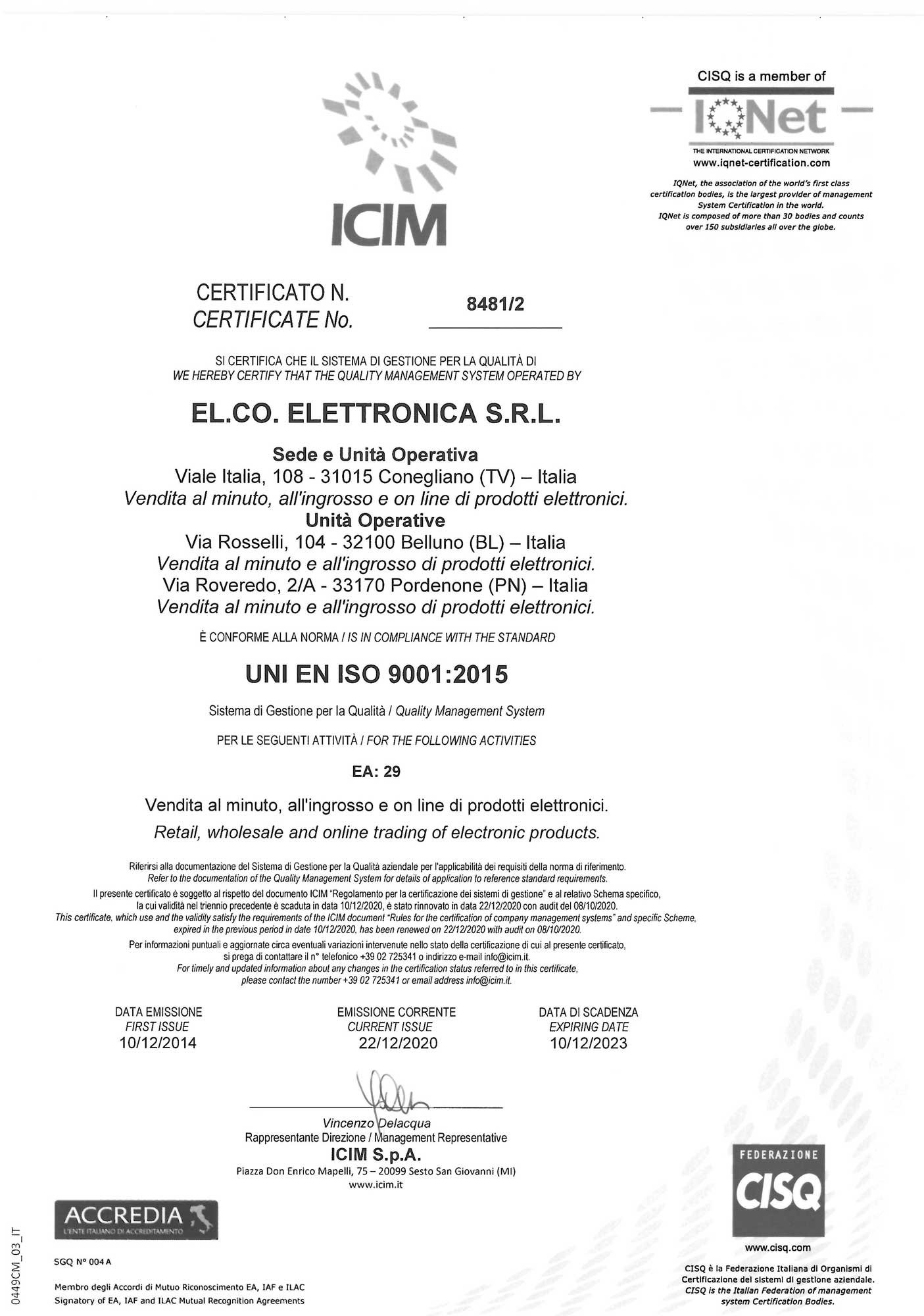 Certificato ISO 9001 ICIM scad. 2023-12-10