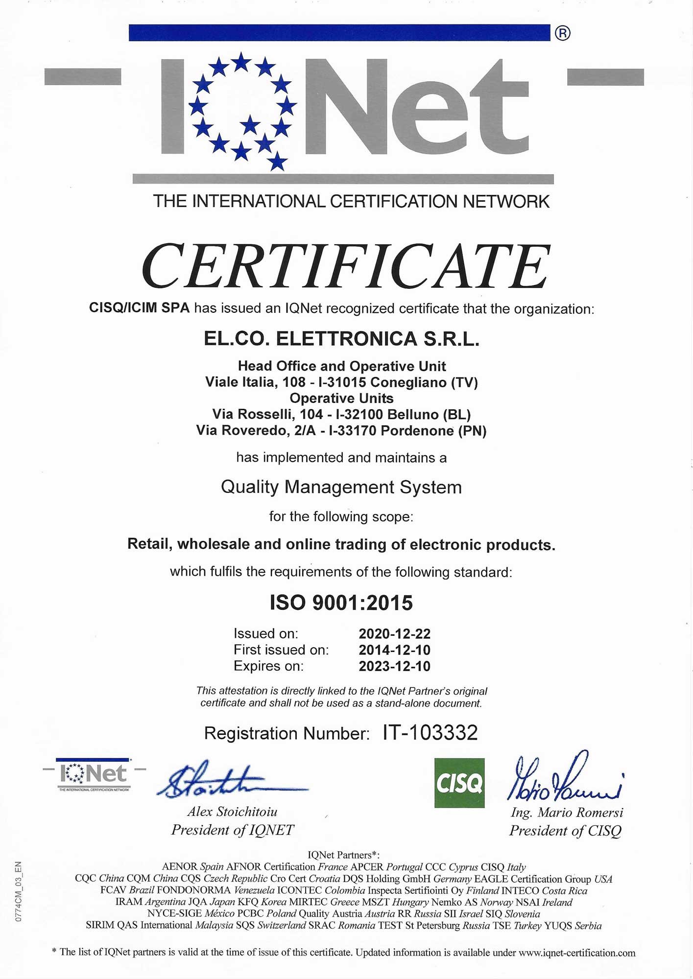 Certificato ISO 9001 IQNET scad. 2023-12-10