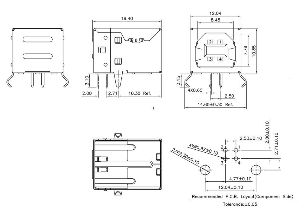 Connettore femmina presa USB tipo B a 90° per circuito stampato