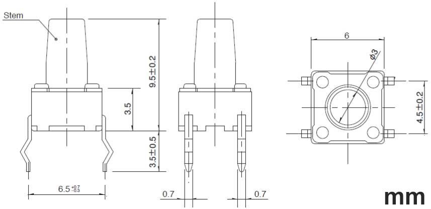 Dimensioni - ALPS SKHHBSA010 pulsante Tact Switch 6x6 mm altezza 9,5 mm 250gf