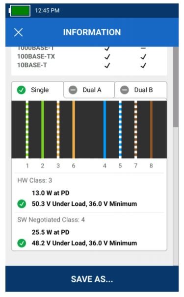 The Power over Ethernet settings of the switch port show the twisted pairs used, the available power and class, and the PoE test results under load.